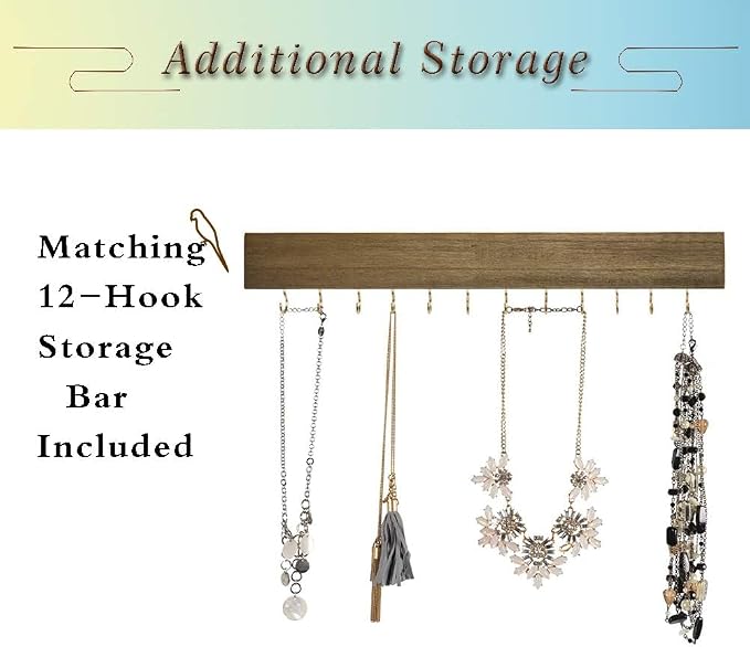 GLANT Rustic Wall Mounted Jewelry Organizer with Wooden Barndoor Decor,Wooden Wall Mount Holder,Jewelry holder for Necklaces, Earings, Bracelets, Ring Holder. Includes matching hook organizer