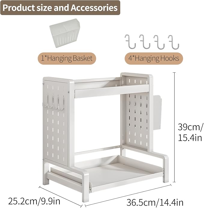 Spice Rack with Pull Out Drawer Counter Storage Organizer Metal 2-Tier | Rust-Resistant Holds 20 lbs Saves 50% Counter Space with Hooks & Hanging Basket for Kitchen Coffee Bar Bathroom Apartment