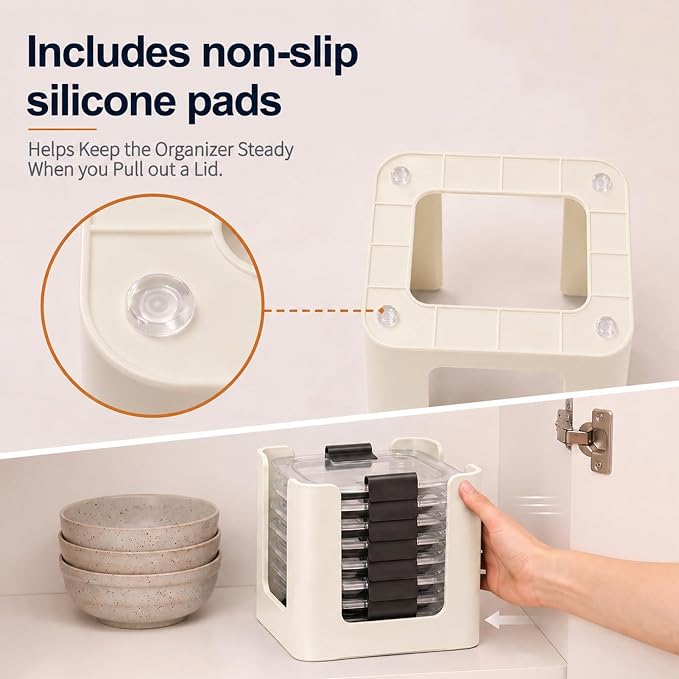 Food Container Lid Organizer for Rubbermaid Brilliance nap-on lids, 3-Pack Off white, Kitchen Cabinet Drawer & Pantry Storage