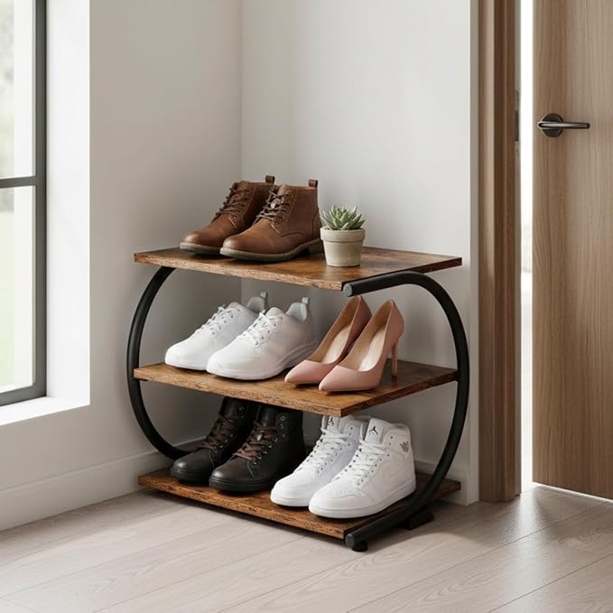 Small Shoe Rack for Entryway,C-Shaped 3-Tier 17” Wide Shoe Storage | Compact Shoe Organizer, Wooden Shelves, Curved Metal Frame, Adjustable Feet, for Front Door Entrance, Closet, Hallway
