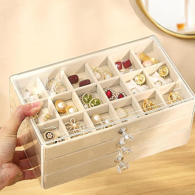 SPAKOWN Earring Box Holder Organizer Display Case | Clear Velvet Jewelry Storage Tray Organizer for Earring Ring Stud (Beige - 3 Drawers)
