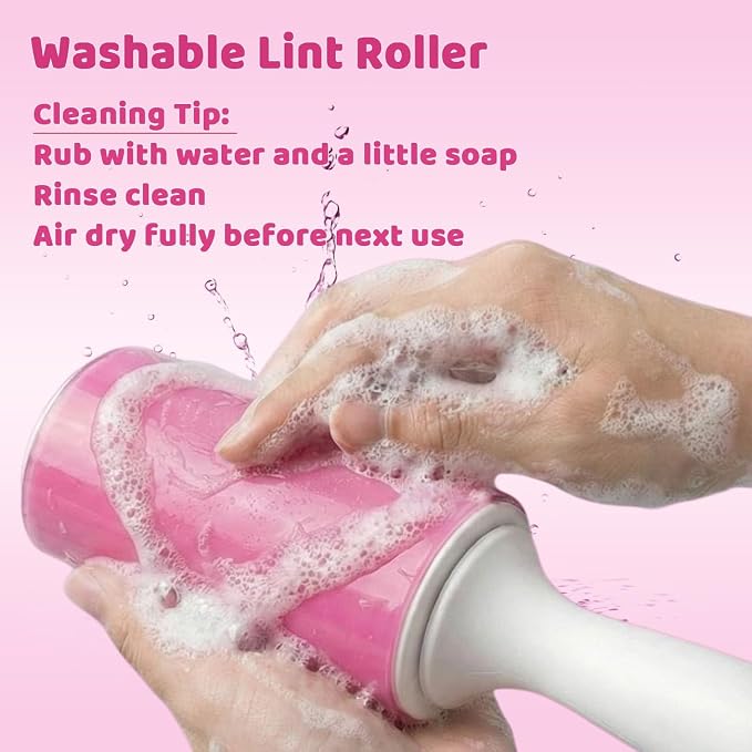 Washable Gel Lint Roller 3 Pack, Large & Mini Pet Hair Remover, Pink | Reusable & Sticky Gel Surface, With Protective Covers, For Clothes & Home Use, Easy Cleaning