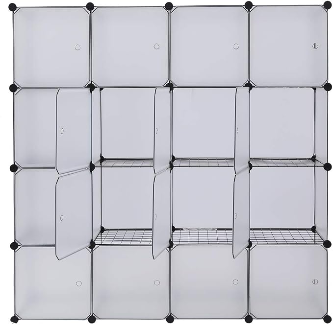 16 Cubes Storage Organizer,Portable Closet Wardrobe,Plastic Clothes Storage Shelves,Modular Bookcase Closet Cabinet,with Doors,for Kitchen, Bedroom, Playroom, Living Room, Office, Dorm (White)