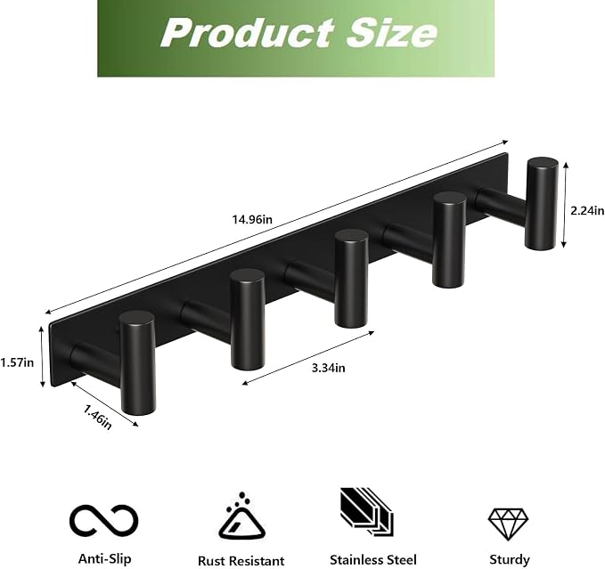 Coat Rack Wall Mounted with 5 Hooks,Heavy Duty Stainless Steel Wall Hooks for Towel Coat Bag, Hat Rack Coat Hanger Coat Hooks Towel Racks for Bathroom Entryway Kitchen Hotel (Black, 2 Packs)