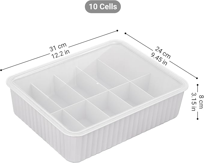 Cetomo 10 Cells Plastic Underwear Sock Drawer Organizer with Lid, Lidded Storage Box with Dividers for Bras and Socks, Basket for Closet, Stackable, Gray, 10 Compartments (31 x 24 x 8 cm)