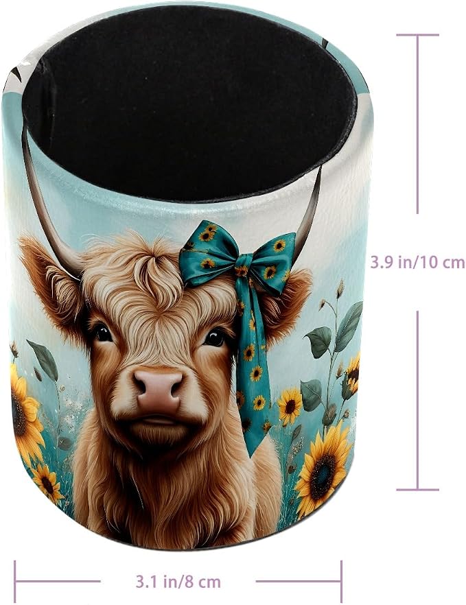Faux Leather Pen Holder for Desk, Pencil Organizer Highland Cow Sunflower Pen Cup Desk Decor Makeup Brush Holder Storage for Office Home