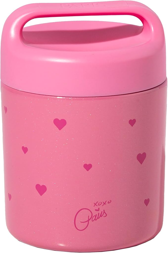 Paris Hilton Stainless Steel Food Jar, Double Wall Vacuum Sealed Insulated Food Storage Container with Carry Handle Lid, 12-Ounce, Pink with Heart Design