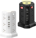 Surge Protector Power Strip Tower with 5 USB Ports and Night Light, 10FT Extension Cord with 12 AC Multiple Outlets, PASSUS Power Tower, Overload Protection for Home Office Dorm Room (2PC-White+Black)