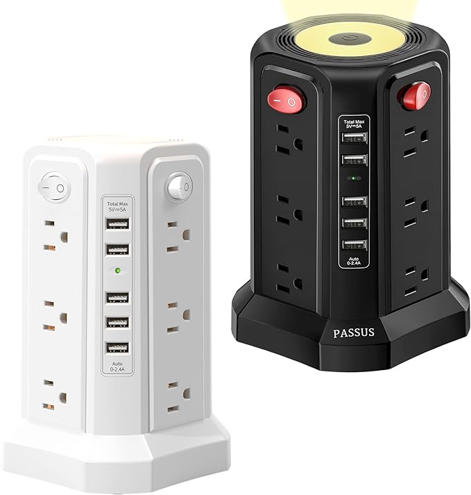 Surge Protector Power Strip Tower with 5 USB Ports and Night Light, 10FT Extension Cord with 12 AC Multiple Outlets, PASSUS Power Tower, Overload Protection for Home Office Dorm Room (2PC-White+Black)