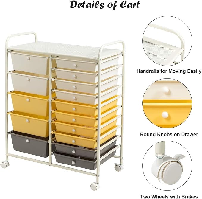 Moccha 15-Drawer Rolling Storage Cart - Under Desk Storage Drawers with wheels for Craft Art Supply Paper Salon, Scrapbook Paper Tools, Mobile Utility Cart for Classroom (15 Drawers, Yellow)