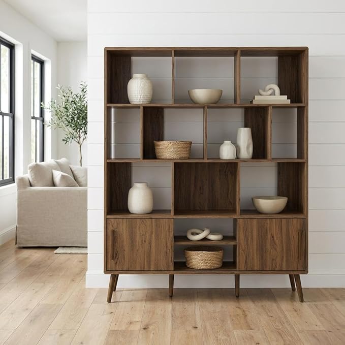 Furnifact Walnut Bookcase with Sliding Doors, 59-Inch Storage Shelf, Flexible Shelving, Modern Design, Durable, for Living Room or Office