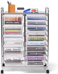 Moccha 15-Drawer Rolling Storage Cart - Under Desk Storage Drawers with wheels for Craft Art Supply Paper Salon, Scrapbook Paper Tools, Mobile Utility Cart for Classroom (15 Drawers, Clear)