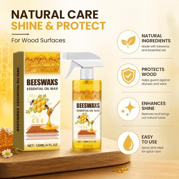 2026 New Beeswax Wood Polish Spray – Natural Beeswax Furniture Polish & Wood Cleaner for Cabinets, Tables & Floors, Multi-Purpose Wood Care Spray for Shine, Conditioning & Surface Protection, 8 fl oz