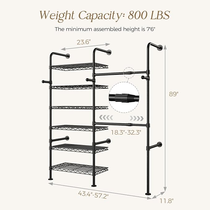 Wall Mounted Closet System, Heavy Duty 2-Row Clothes Rack, Expandable Industrial Pipe Closet Organizers and Storage with 2 Telescopic Rods, 3 Hooks & 6 Shelves for Wardrobe, Bedroom