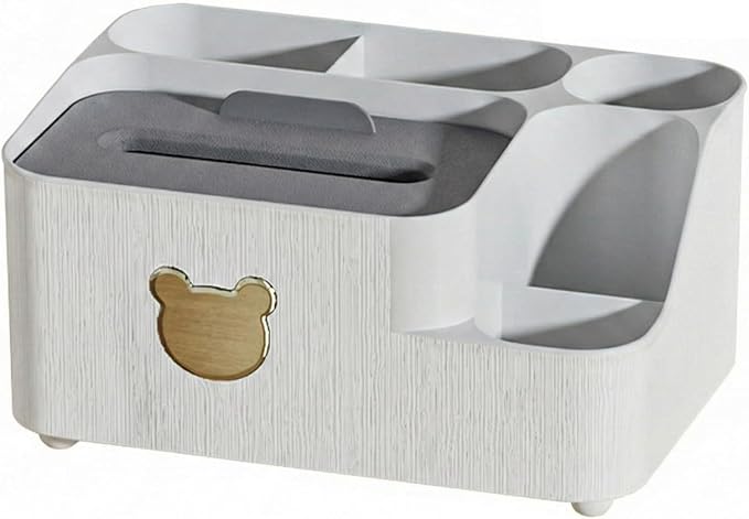 COVRA 9.5 x 6.6 x 4.7 inches Desk Organizer with Tissue Box Holder - Multifunctional Desktop Storage Caddy with Pen Holder, Cute Bear Design - Plastic (White)