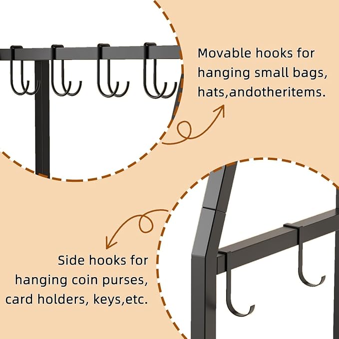 Hall Tree with Hanging Hooks,Heavy-Duty Metal Coat Rack with Shoe Shelves,3-Tier Purse Stand Handbag Organizer，Suitable for Hallway,Bedroom and Bathroom (Black)