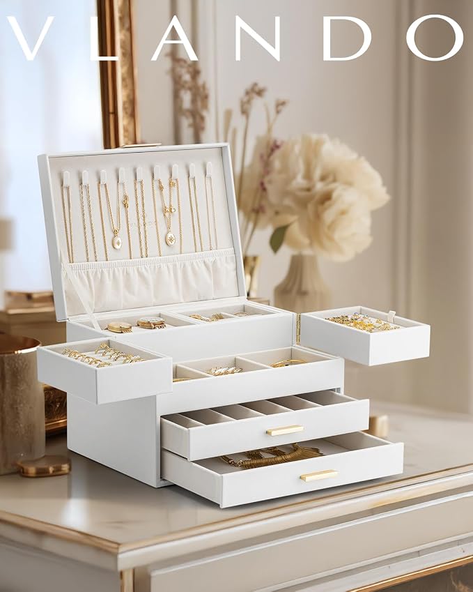 VLANDO 4 Layers Jewelry Box - Women Jewelry Box with Retractable Tray - Jewelry Organizer with Drawer for Necklaces, Rings, Bracelets, Earrings, Gift for Couples Mom Girls - White
