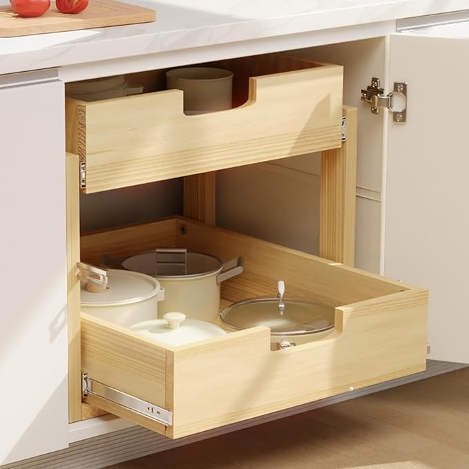 Pull Out Cabinet Organizer, 14''W×21''D Sliding Drawers for Cabinets, 2 Tier Soft Close Slide Out Wooden Pull out Drawers, Base Cabinet Organization for Kitchen, Pantry, Bathroom