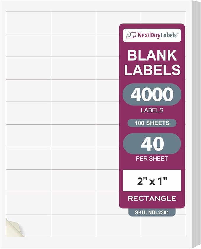 NextDayLabels 2x1 Inch Rectangle Stickers White Blank Labels for Laser Inkjet Printer - 40 Per Sheet Self-Adhesive Address Mailing Name Tags Made in USA - 4000 Labels