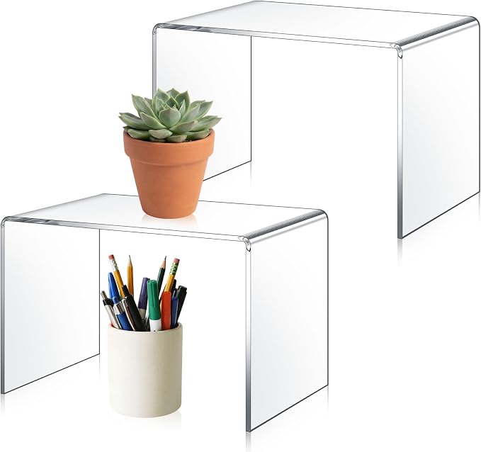 RattanView 2 Pcs 12 x 8 x 8 Inch Large Acrylic Risers Display Stands 5 mm Thick Acrylic Shelf Riser Showcase for Collectibles Jewelry Cupcakes Food Figures Perfume Cabinet(Clear)