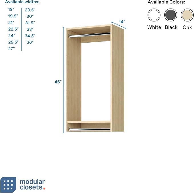 Modular Closets Vista Collection Double Hanging Wood Closet Organizer Unit (Oak, 22.5" Wide)