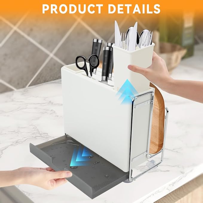 Knife Holder, Knife Block Multifunctional Large Capacity with Cutting Board Organizer, Kitchen Knife Block Utensil Stand Storage for Countertop Kitchen (White)