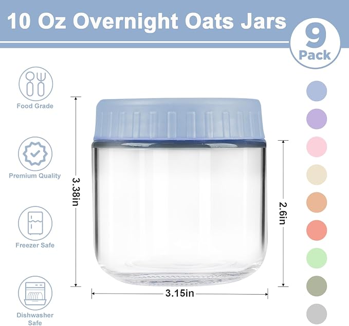 Overnight Oats Containers with Lids, 10oz Wide Mouth Mason Jars with Lids, 9 Pack Glass Jars with Airtight lid for Chia Pudding Yogurt Salad, Meal Prer Oatmeal Jars