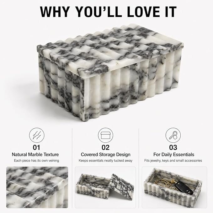Marble Storage Box with Lid, White Purple Wave Organizer | Lidded design, wave texture, purple-gray veining varies, accessories not included