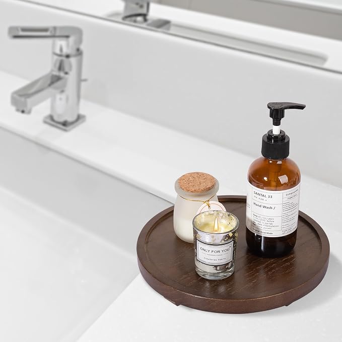 Round Decorative Tray Farmhouse Kitchen Decor Soap Dish, 9" Walnut | Waterproof, Lightweight, Easy Clean, Wood Riser Pedestal Stand Accessories for Office Desk, Vanity, Counter, Sink