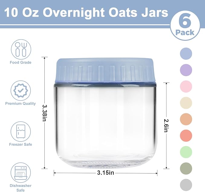 Overnight Oats Containers with Lids, 10oz Wide Mouth Mason Jars with Lids, 6 Pack Glass Jars with Airtight lid for Chia Pudding Yogurt Salad, Meal Prer Oatmeal Jars, Blue