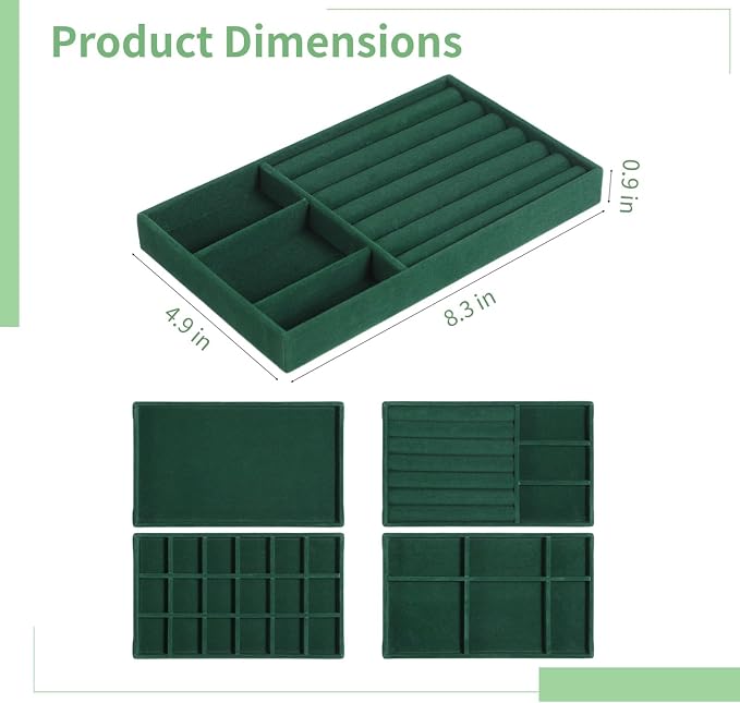 Homaisson Jewelry Organizer for Drawer, Velvet Jewelry Tray, Multiple Compartment Layout, Set of 4 Jewelry Organizer for Rings, Earrings, Bracelets, Necklaces (Green)