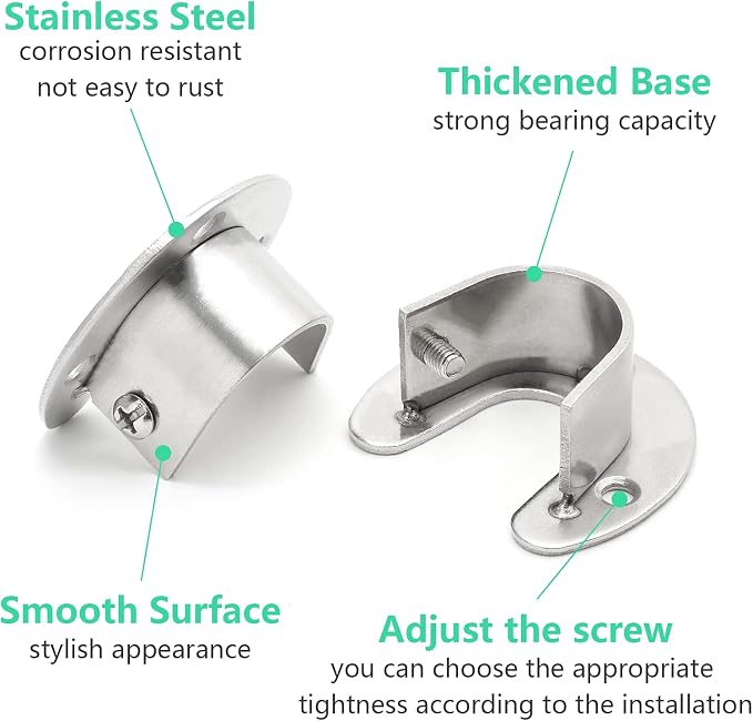 Stainless Steel Closet Rod End Supports, 1-1/3 Inch, Silver | 8 Packs, Wardrobe Bracket, Heavy Duty, U-Shaped, With Screws