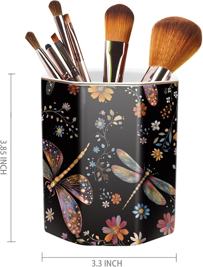 Pen Holder, Pencil Cup for Desk, Cute Desk Organizer, Durable Ceramic Decorative Makeup Brush Desktop Accessories, Stylish Stationery for Office, Home, Cute Dragonfly Pattern