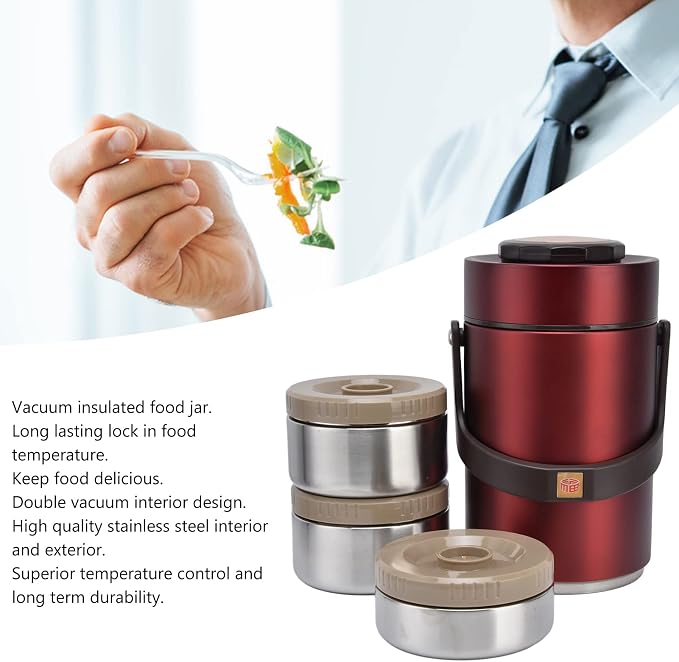 Qiilu Food Flask 2L Termos Para Comida Caliente 24 Horas 304 Stainless Steel 2.3L Vacuum Lunch Box 3 Layers Prevent Leakage Insulated Container For Work Travel (Red)