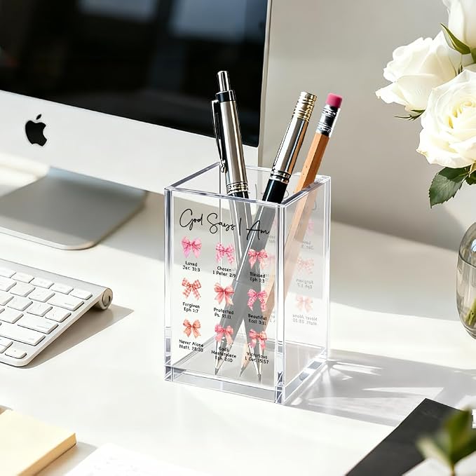 God Says Acrylic Cosmetic Organizer Pen Holder, Christian Acrylic Desk Holder Cup for Pen Pencil, Religious Gifts for Women Coworker Female Leader, Inspirational Office Gifts for Religious Lover