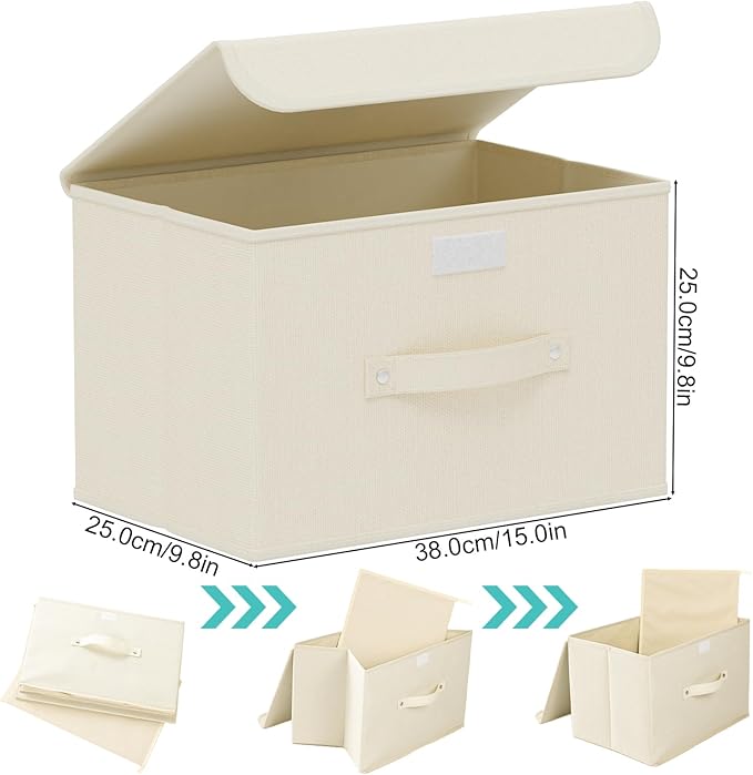 Fabric Storage Bins Cube Organizers with Flip-Top Lid and Handles,Storage Boxes for Organizing Home,Office,and Closet,Beige,3 Pack 15 x 9.8 x 9.8 in