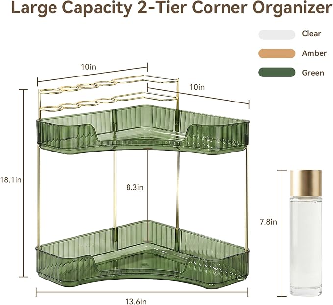 2-Tier Corner Bathroom Counter Organizer with Makeup Brush Holder, Green | Large Makeup Organizers for Vanity, Corner Bathroom Countertop Organizer for Cosmetic Perfume Skincare Storage