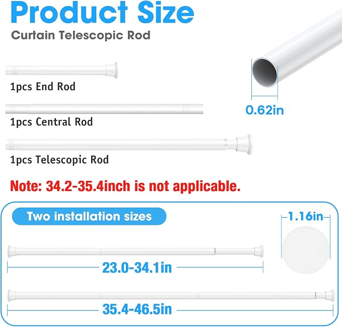 2Pack MEXAU White Tension Curtain Rods 23 to 46 Inch,Small Curtain Rods No Drilling,Short Spring Tension Rod for Windows Door Closet,Pressure Curtain Rod