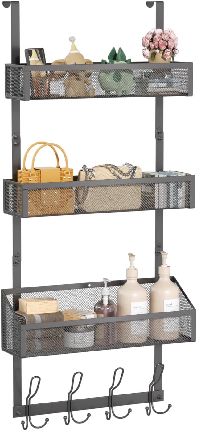 Over Door Hook Organizer 12 Hook Over The Door Organizer with 3 Mesh Baskets - Back of Door Storage Towel Rack Space Saving Storage Organizer for Bedroom, Bathroom, Kitchen, Pantry, Black