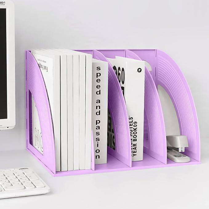SAYEEC Sturdy Magazine Holder 4 Compartments Plastic Desktop File Organizer File Dividers Office Organizer Storage Document Magaizne Rack Display Box (Purple)