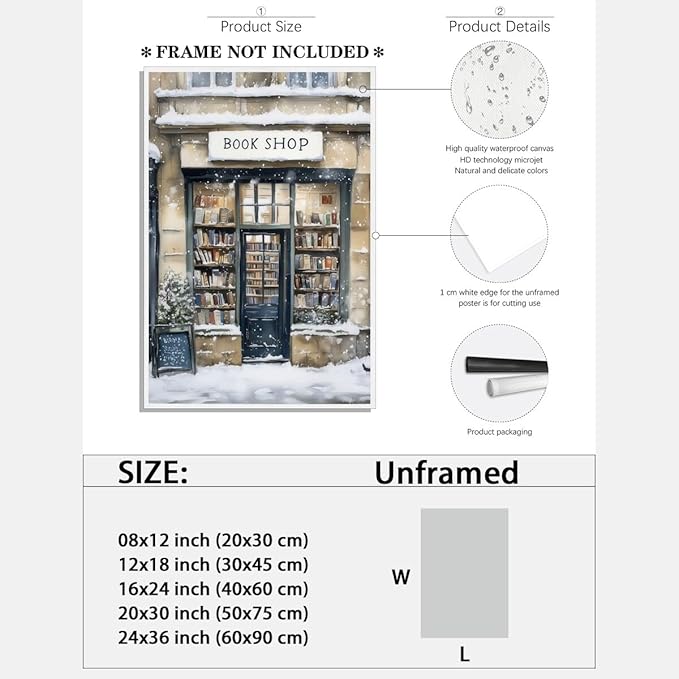 Winter Snowy Bookshop Art Aesthetic Poster Canvas Wall Art Decoration Living Room Home Decor Bedroom Decoration Poster Unframed8x12inch