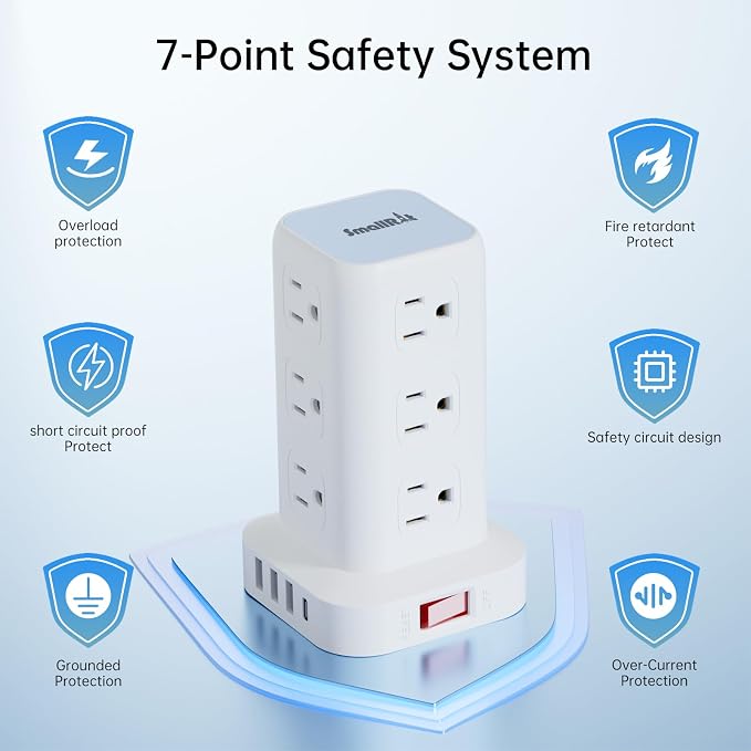 Power Strip with 12 Outlets 4 USB (1 USB C), 10Feet Extension Cord with Multiple Outlets, Charging Station, Power Strip Tower, Home Office Desk Supplies