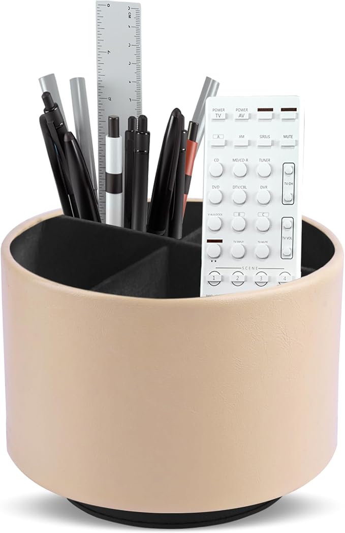 Round Leather Art Supply Organizer,Remote Control Holder,360 Degree Spinning,Multi-Functional Pencil Holder,4 Compartments Desktop Stationary Organizer(1-Oil Apricot)