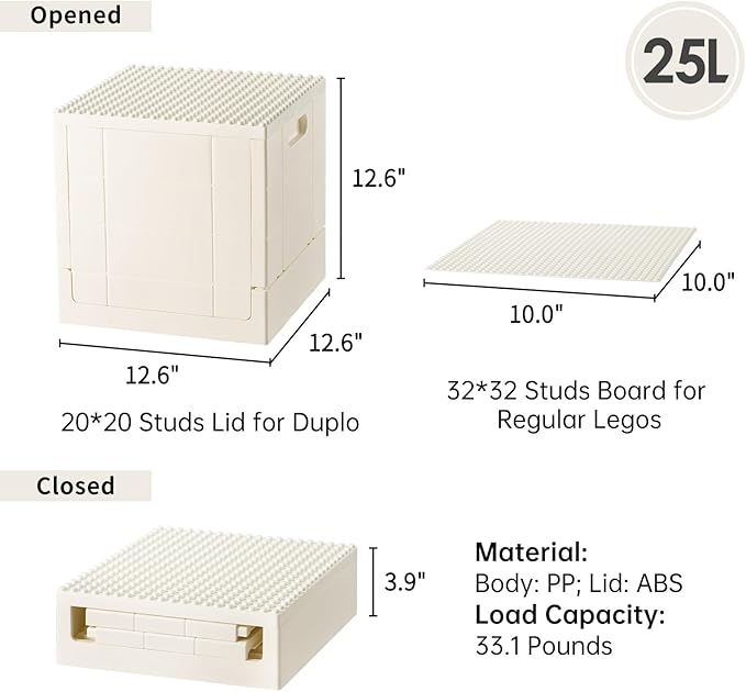 SHIMOYAMA Plastic Foldable Kid Storage Box, 25L Storage Toy Bins with Building Base for Duplo Bricks, 26Qt. Toy Chest for Duplo Blocks, White