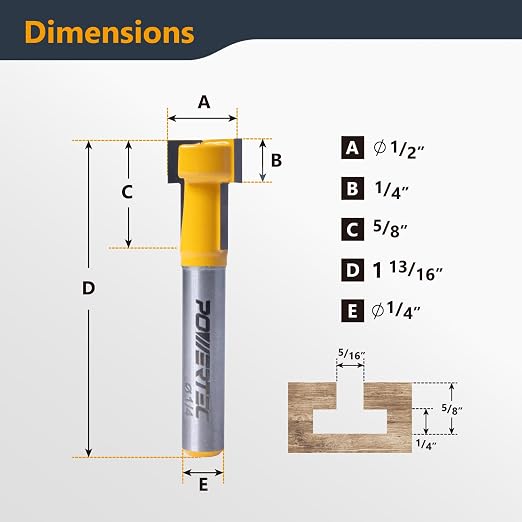 POWERTEC T Track Router Bit, Tungsten Carbide Tipped Router Bit, 1/4" Shank, 1/2" Dia., Slatwall for Picture Frames, T Track Accessories, Compatible with 1/4" T Bolts (73068)