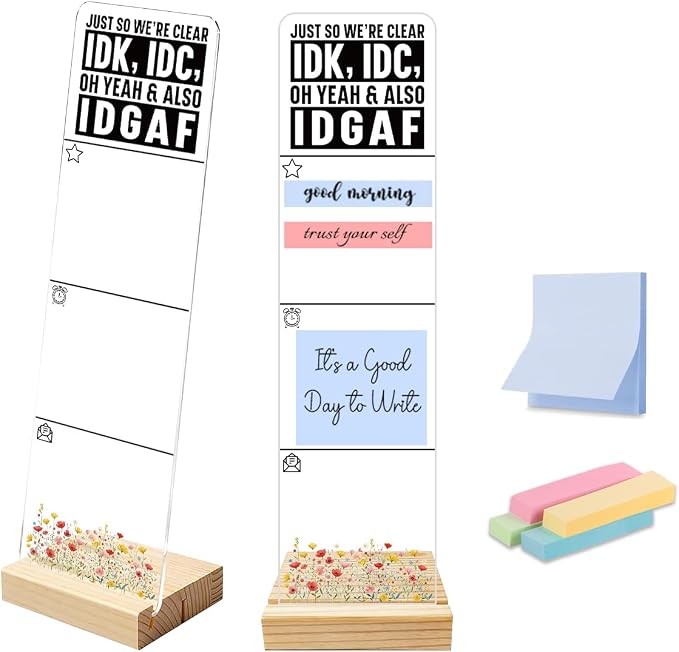 Sticky Note Holder, Monitor Memo Board, Acrylic Post It Note Holder with Wooden Base, Includes 200 Notes, Desk Organizer Funny IDGAF Quote