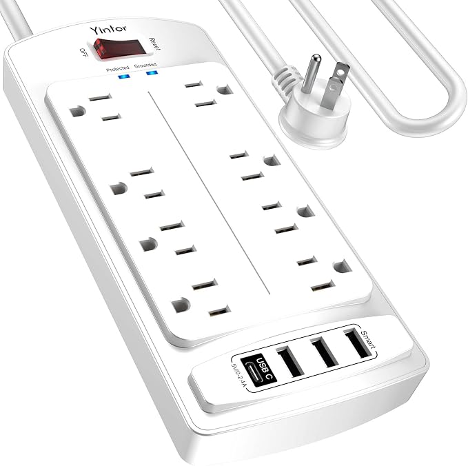 Surge Protector Power Strip, Yintar 10 Feet Flat Plug Extension Cord with 8 AC Outlets and 4 USB Ports, 2700 Joules, ETL Listed, White