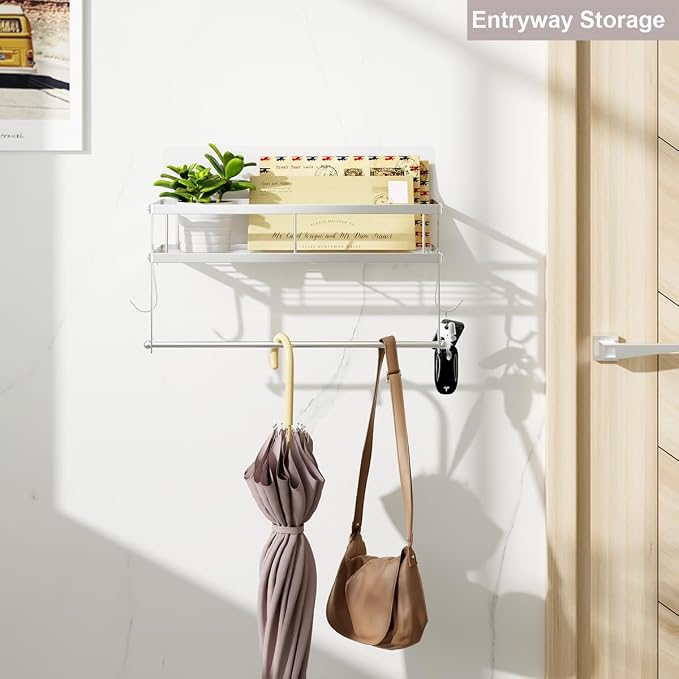 ESOW Paper Towel Holder Wall Mount with Shelf Self Adhesive, Brushed Nickel | SUS304 heavy-duty, fits jumbo rolls. Holds 11 lbs. Space-saving 2-in-1 for small bathroom, RV, camper, laundry