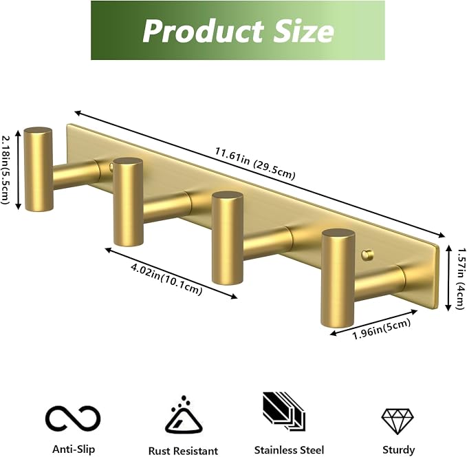 Wall Mounted Coat Rack-4 Hooks, Heavy Duty Stainless Steel Wall Hooks for Towel Coat Bag, Hat Rack Coat Hanger Coat Hooks Towel Racks for Bathroom Entryway Kitchen Hotel Office (Gold, 1 Pack)