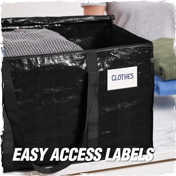 RUGGED RHINO 4 Pack Heavy Duty Extra Large Moving Bags, Durable Bag with Strong Handles and Zipper, Moving Boxes Alternative for College Packing, Holiday Décor, Space Saving Storage with Label, Black